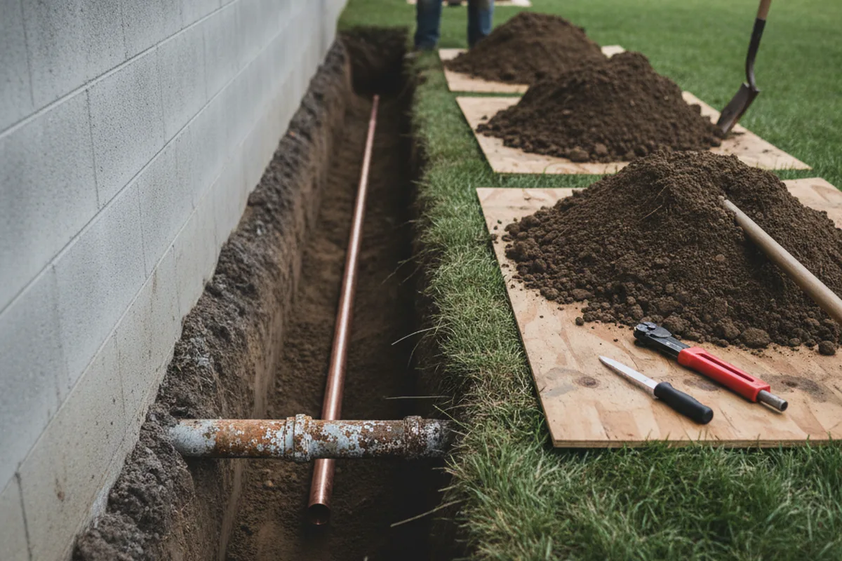 Excavated water line trench during Sewer Line Repair in Harmony